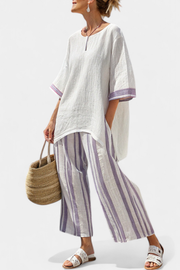 Evi™ : Blouse large confortable et pantalon rayé en bambou