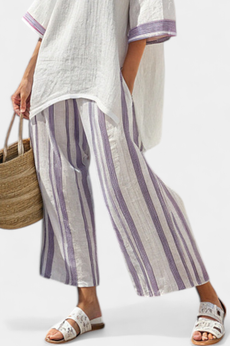 Evi™ : Blouse large confortable et pantalon rayé en bambou