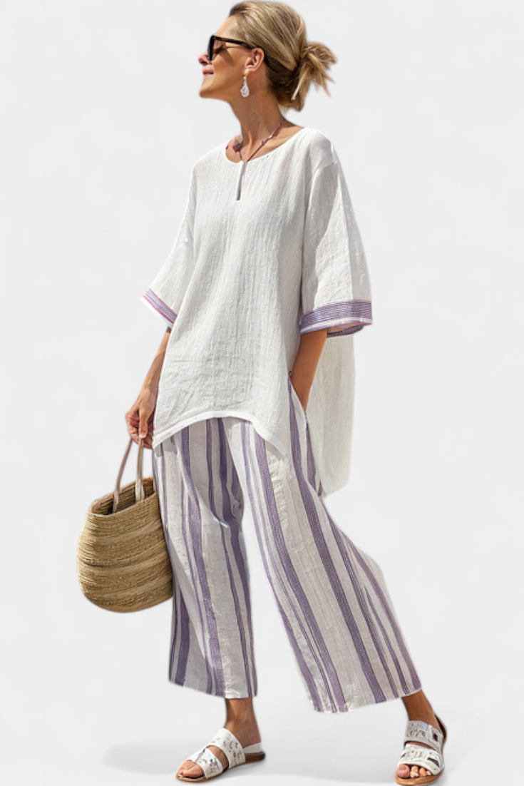 Evi™ : Blouse large confortable et pantalon rayé en bambou