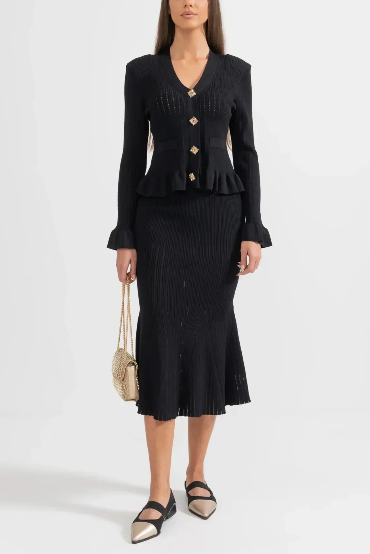 Prudence - Ensemble robe midi en maille fine et haut à boutons