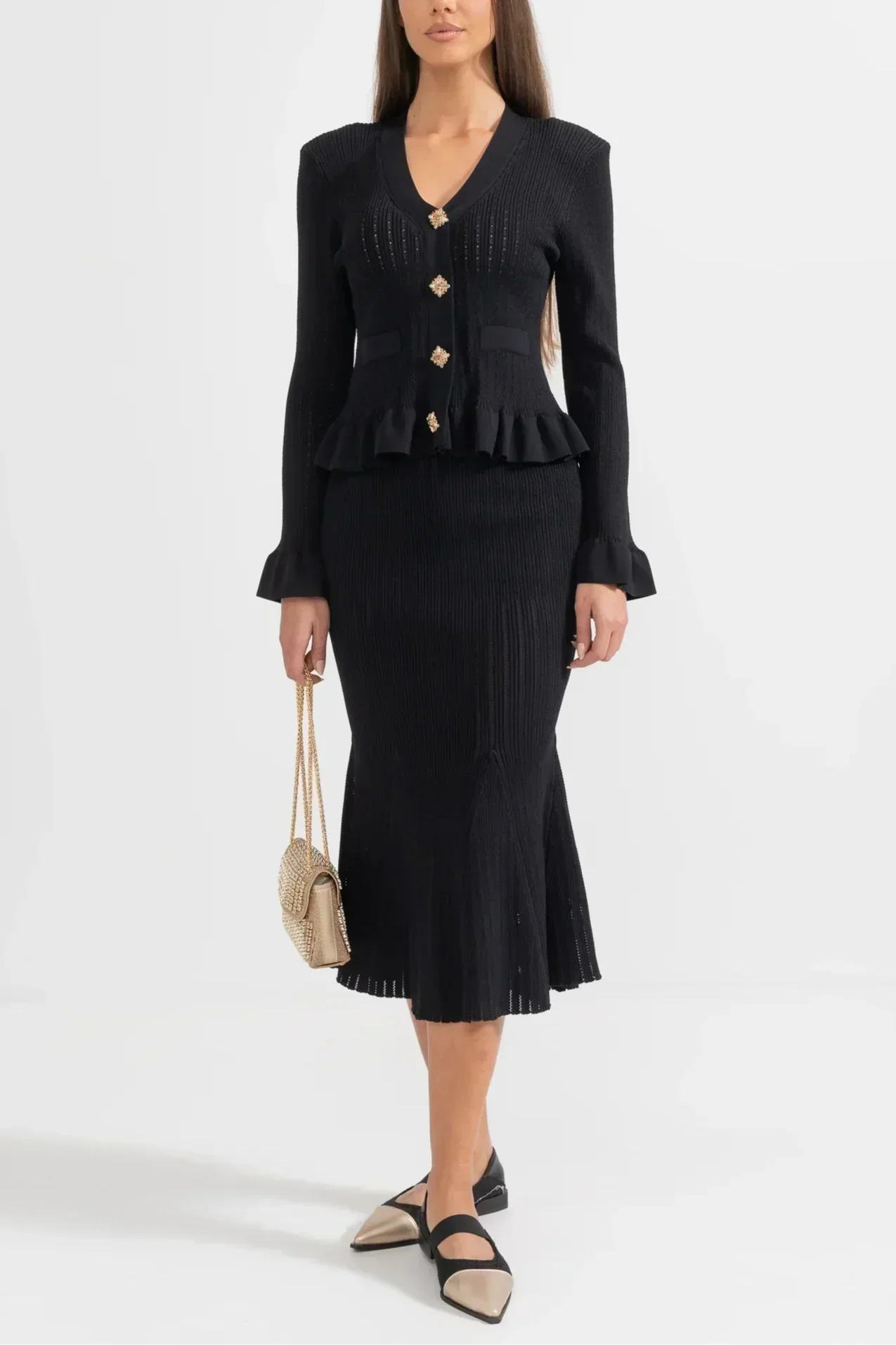 Prudence - Ensemble robe midi en maille fine et haut à boutons