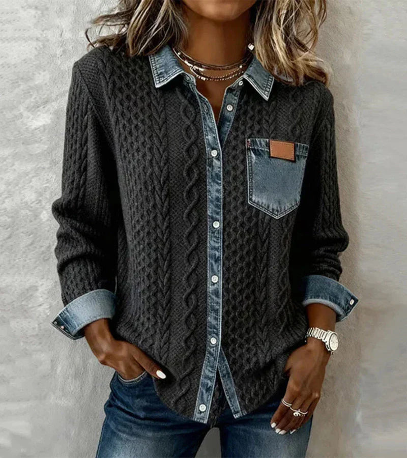 Isabel™ | Top en tricot avec détails en denim et motifs patchwork