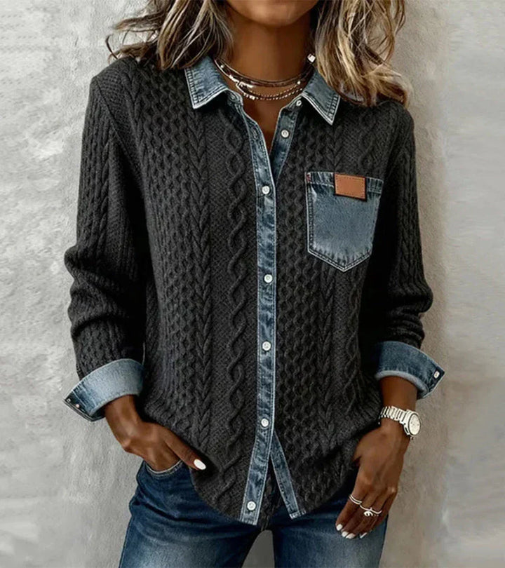 Isabel™ | Top en tricot avec détails en denim et motifs patchwork