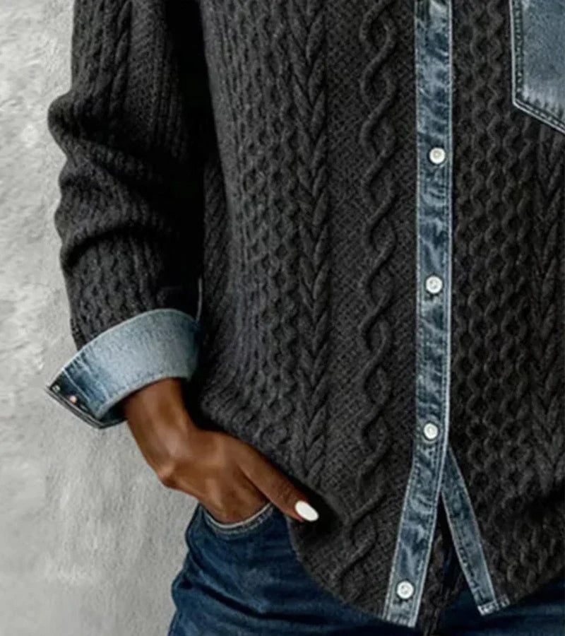 Isabel™ | Top en tricot avec détails en denim et motifs patchwork