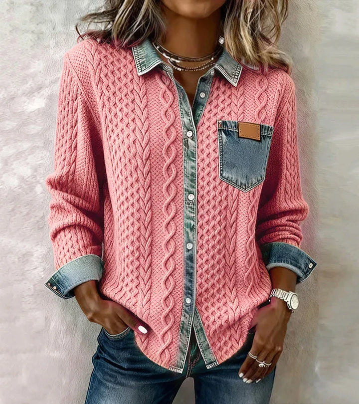 Isabel™ | Top en tricot avec détails en denim et motifs patchwork