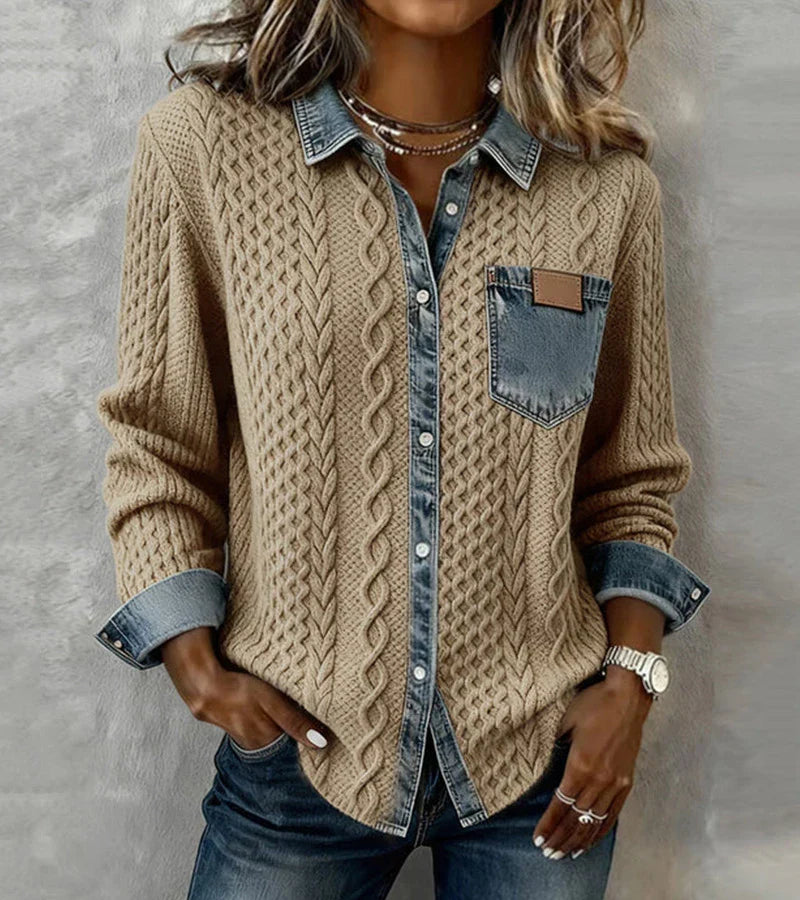 Isabel™ | Top en tricot avec détails en denim et motifs patchwork