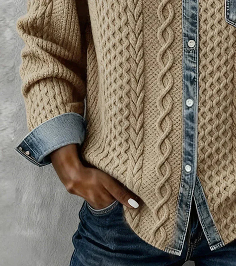 Isabel™ | Top en tricot avec détails en denim et motifs patchwork