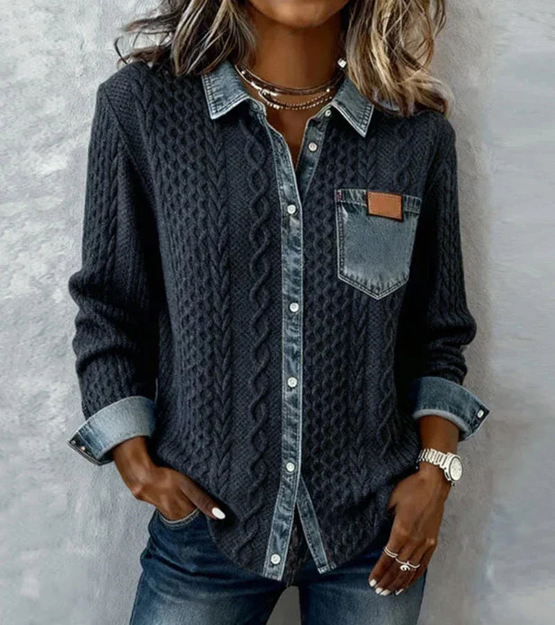 Isabel™ | Top en tricot avec détails en denim et motifs patchwork