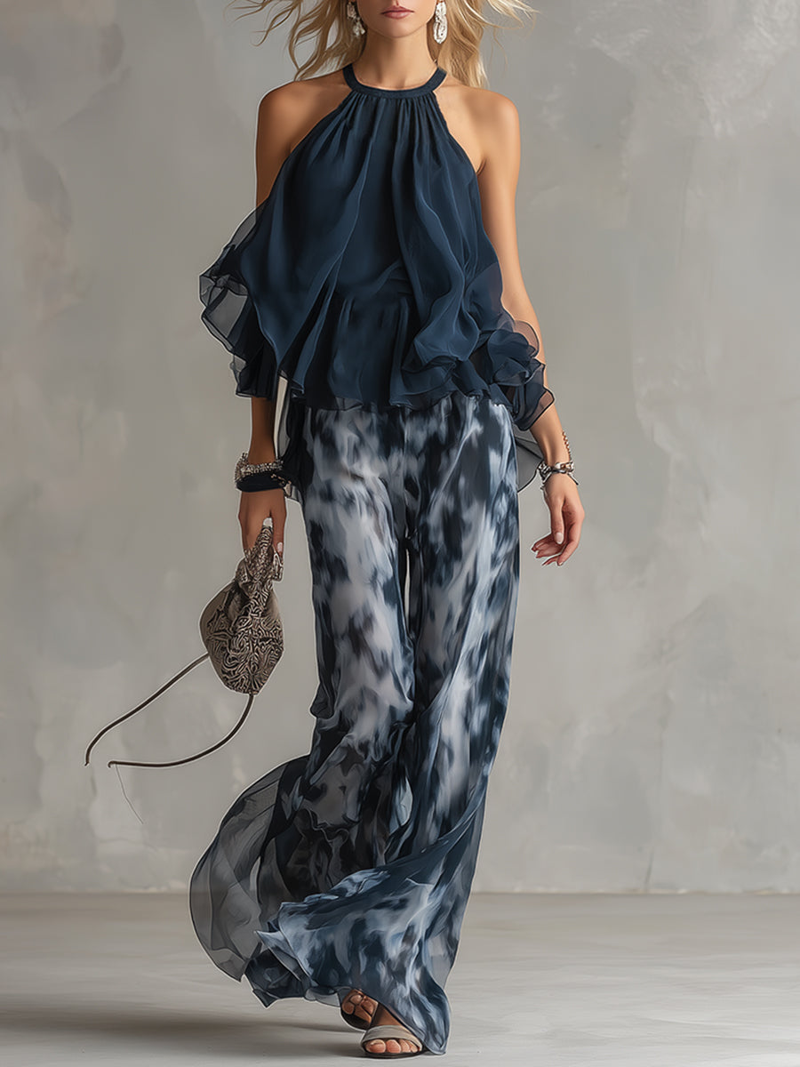 Ludovica : un ensemble élégant en mousseline de soie avec un haut à encolure haute et un pantalon large imprimé
