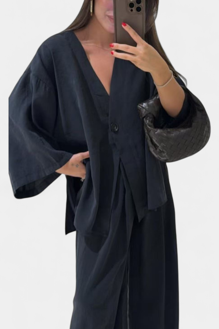 Eli Oversize V-Neck Top with Straight Trousers Set