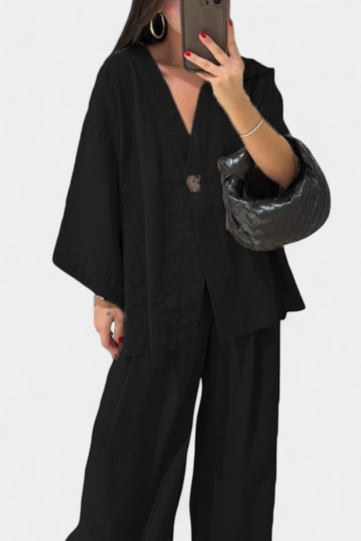 Eli Oversize V-Neck Top with Straight Trousers Set