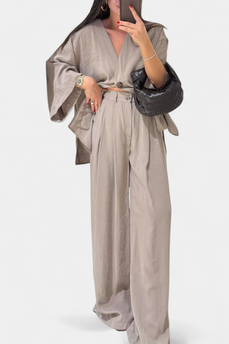 Eli Oversize V-Neck Top with Straight Trousers Set