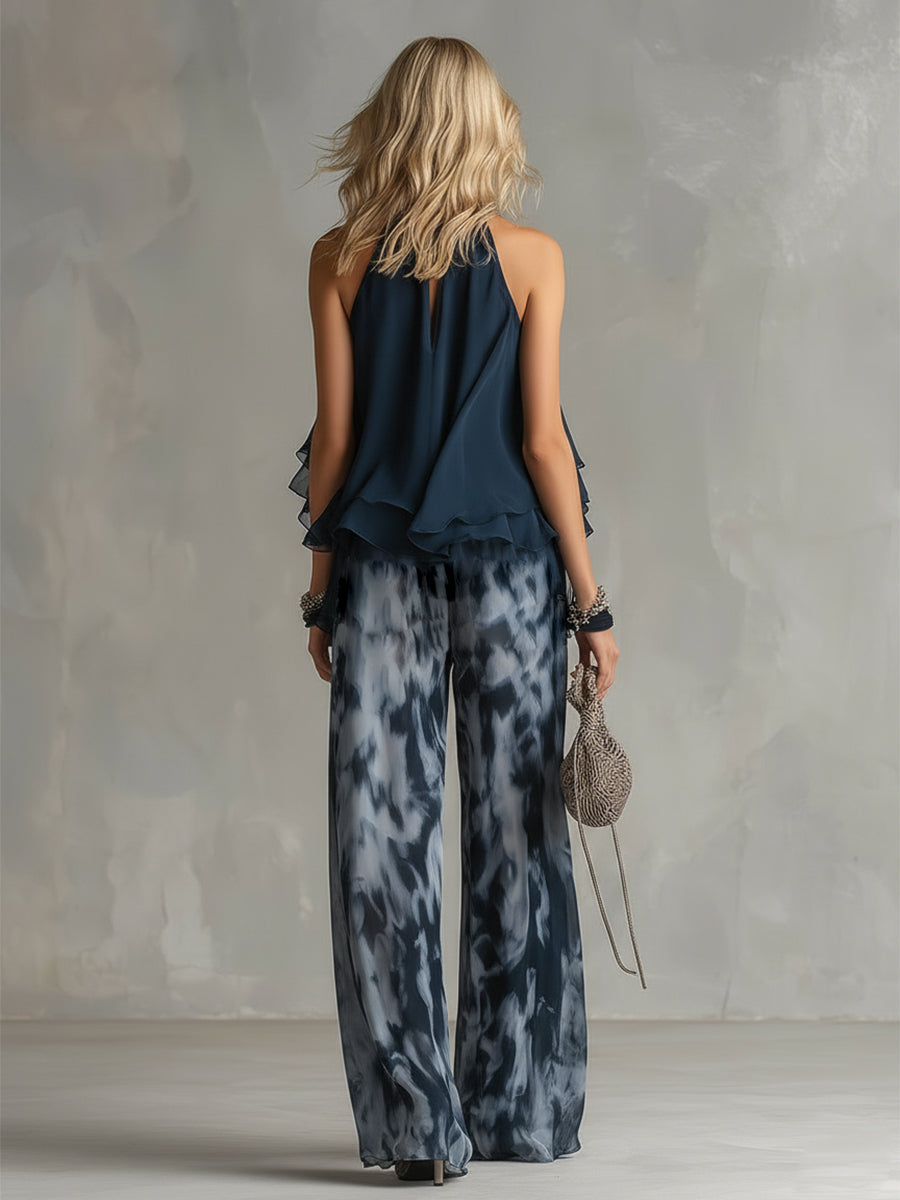 Ludovica : un ensemble élégant en mousseline de soie avec un haut à encolure haute et un pantalon large imprimé