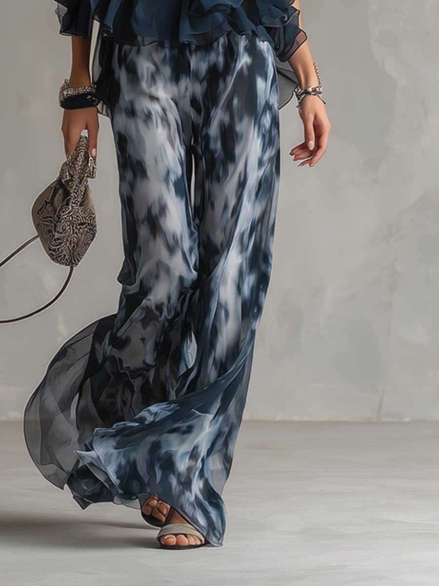 Ludovica : un ensemble élégant en mousseline de soie avec un haut à encolure haute et un pantalon large imprimé