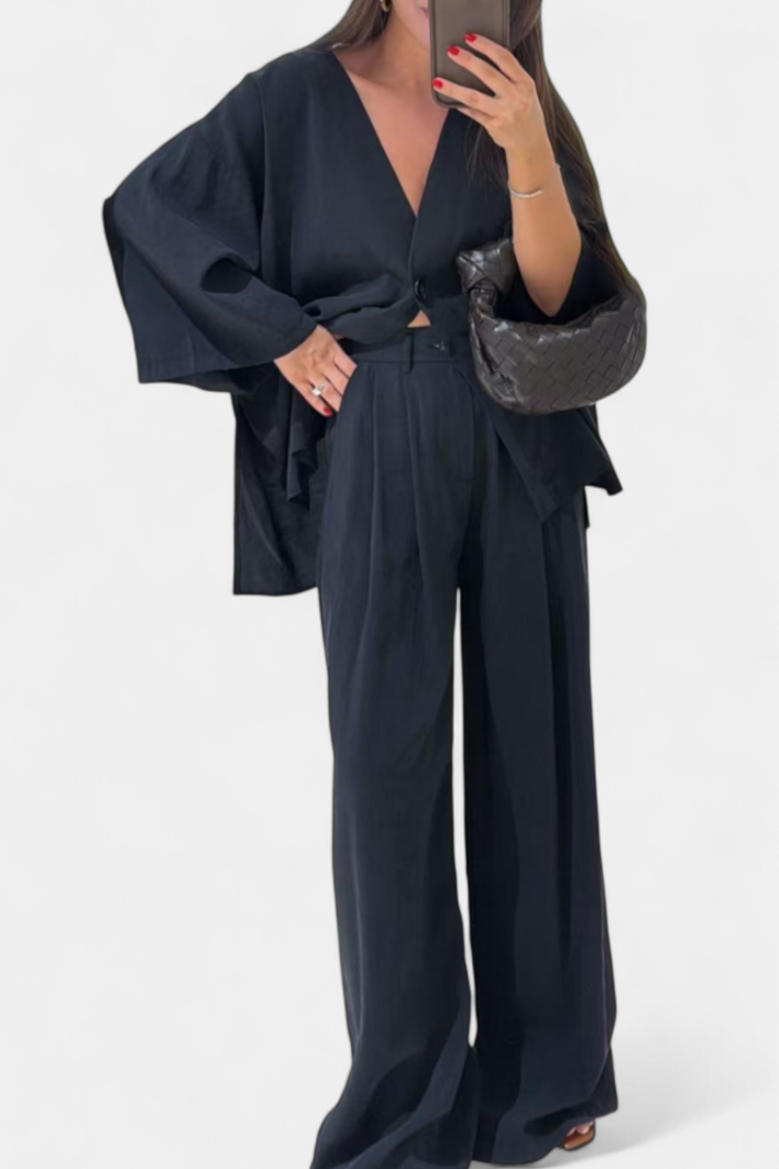 Eli Oversize V-Neck Top with Straight Trousers Set