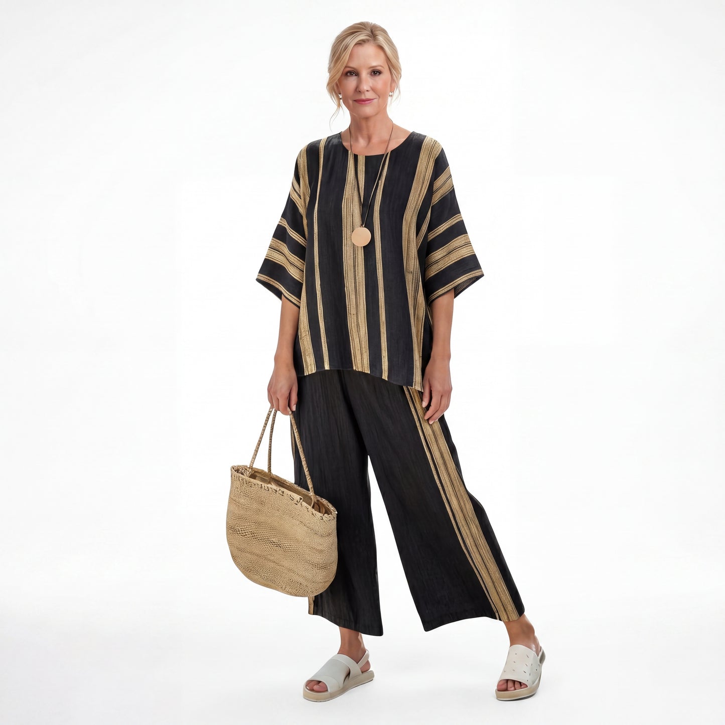 Isa™ | Confortable top rayé surdimensionné et pantalon large jambe en lin