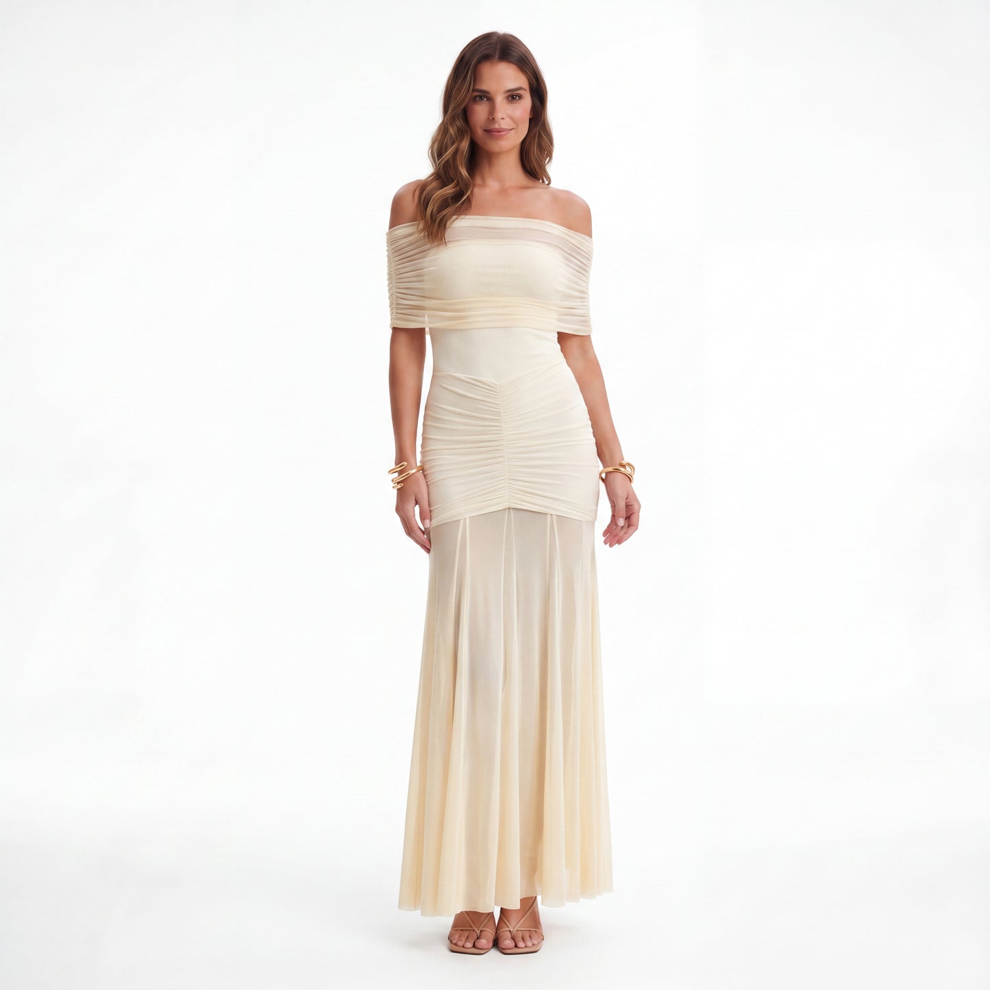 Alodia Shoulder Maxi Dress with Mesh Overlay (Robe longue à épaulement avec superposition de maille)