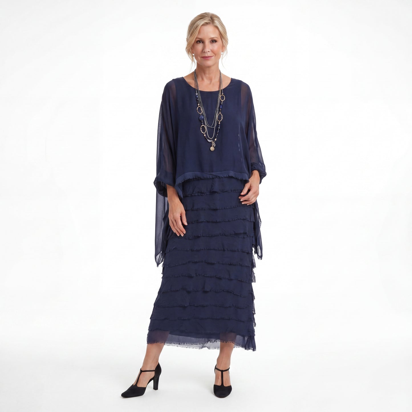 Rosaria - Robe midi à volants et bords frangés