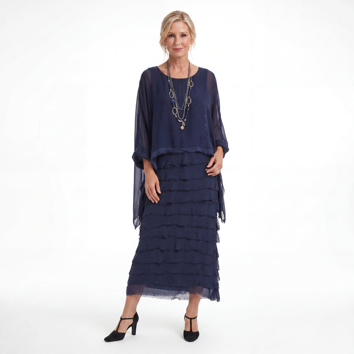 Rosaria - Robe midi à volants et bords frangés