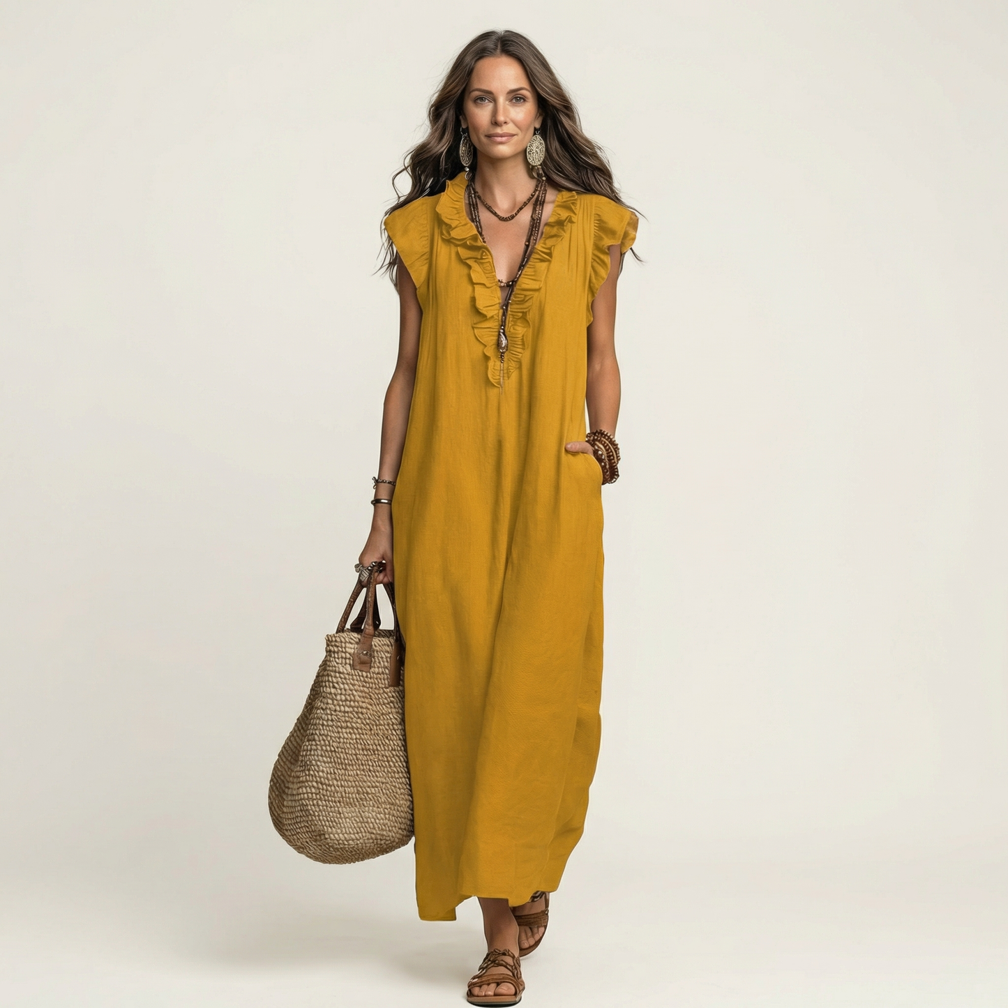 Josette | Robe longue à volants et encolure en V