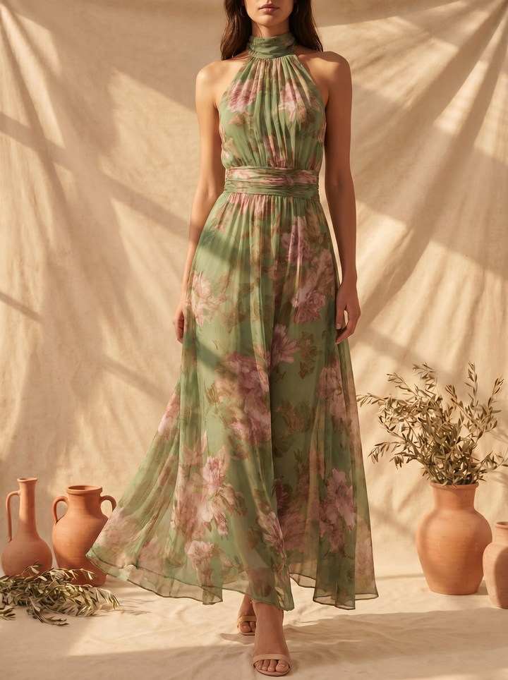 Livia | Robe longue élégante à fleurs et col licou