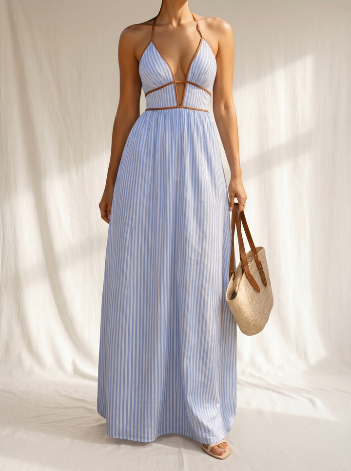 Laurina | Robe longue à rayures avec encolure ajourée