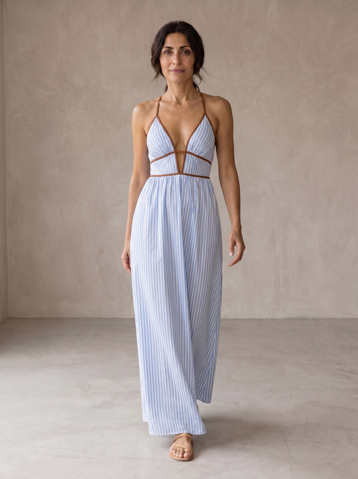 Laurina | Robe longue à rayures avec encolure ajourée