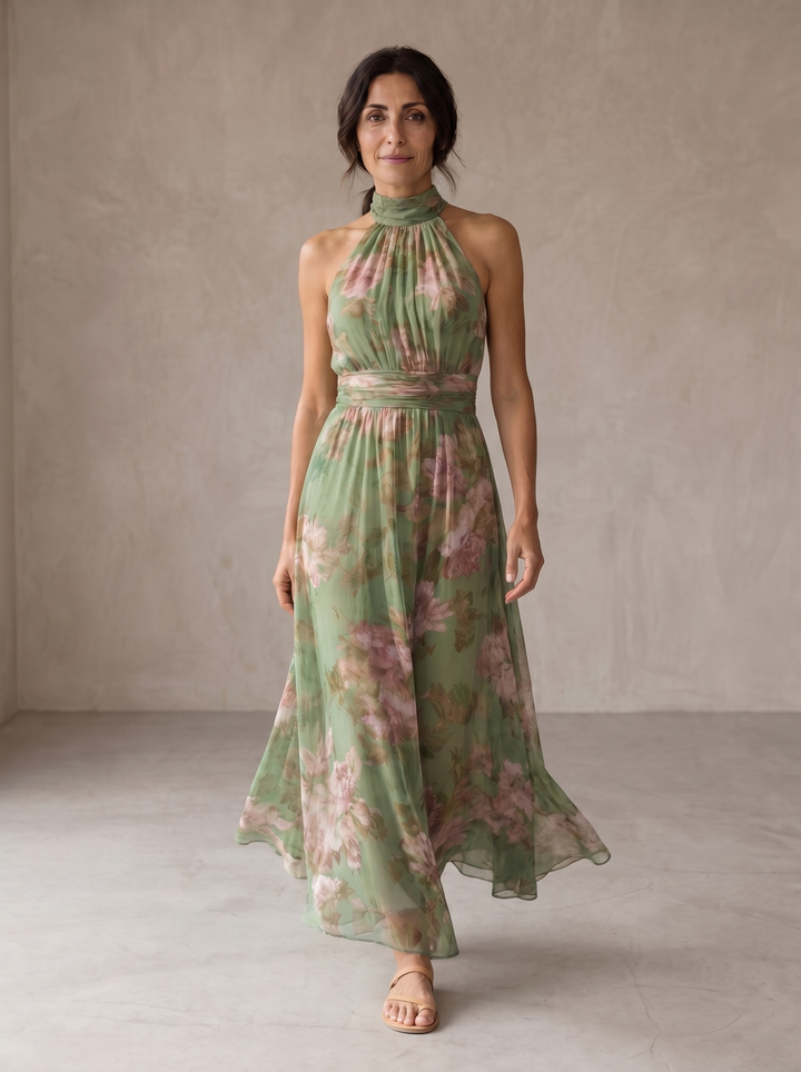 Livia | Robe longue élégante à fleurs et col licou