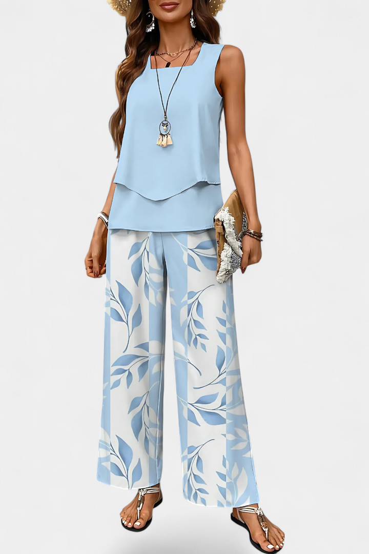 Martina Sleeveless Elegant Boho Set with Printed Straight Trousers (Ensemble boho élégant sans manches avec pantalon droit imprimé)
