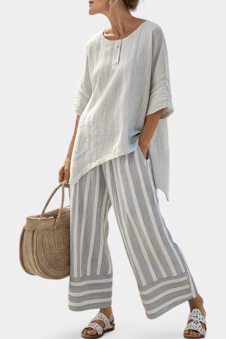 Sofia™ | Blouse asymétrique stylée et pantalon rayé