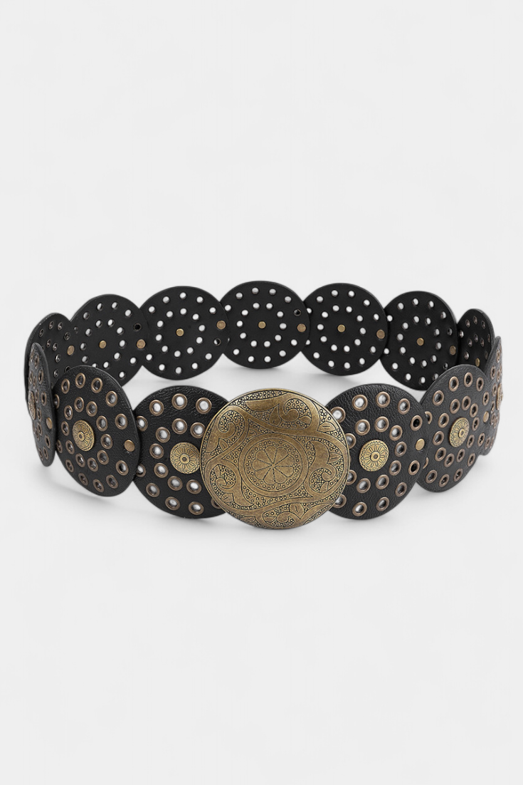 Alicia Vintage Cowboy Belt with Decorative Circular Buckle (ceinture de cow-boy vintage avec boucle circulaire décorative)
