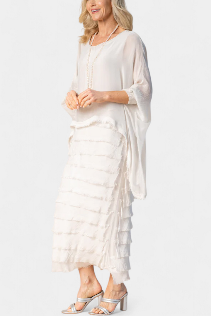 Rosaria - Robe midi à volants et bords frangés