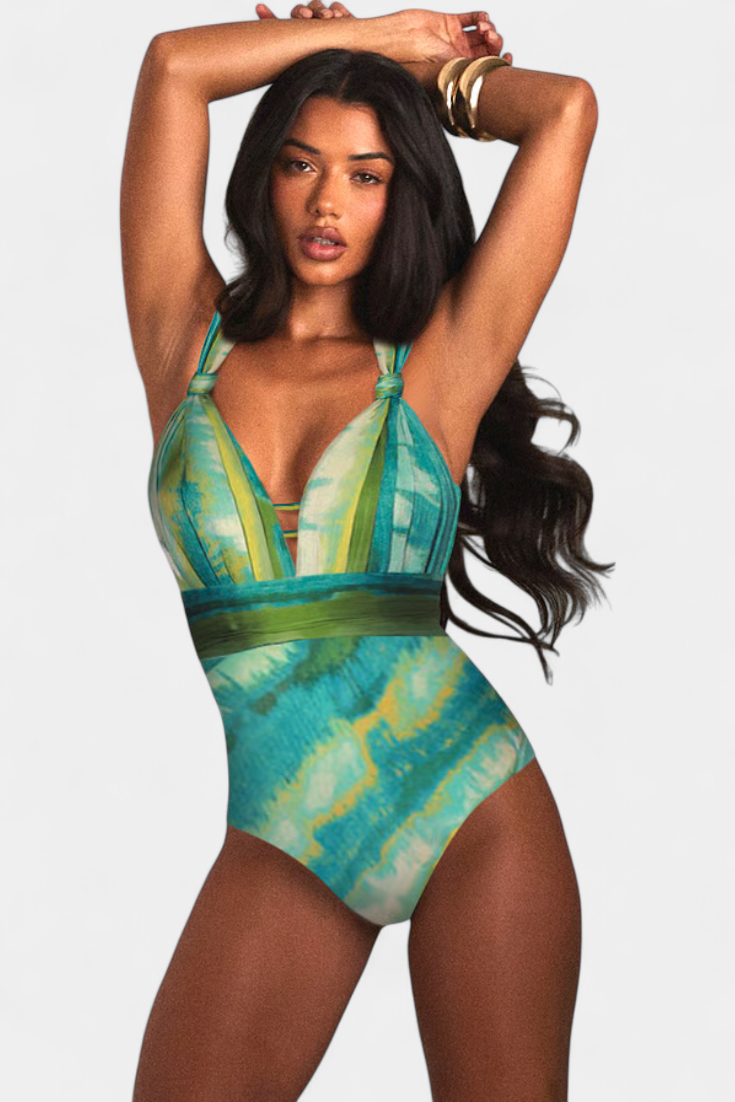 Maillot de bain une pièce imprimé Ahria avec encolure en V et cache-soleil