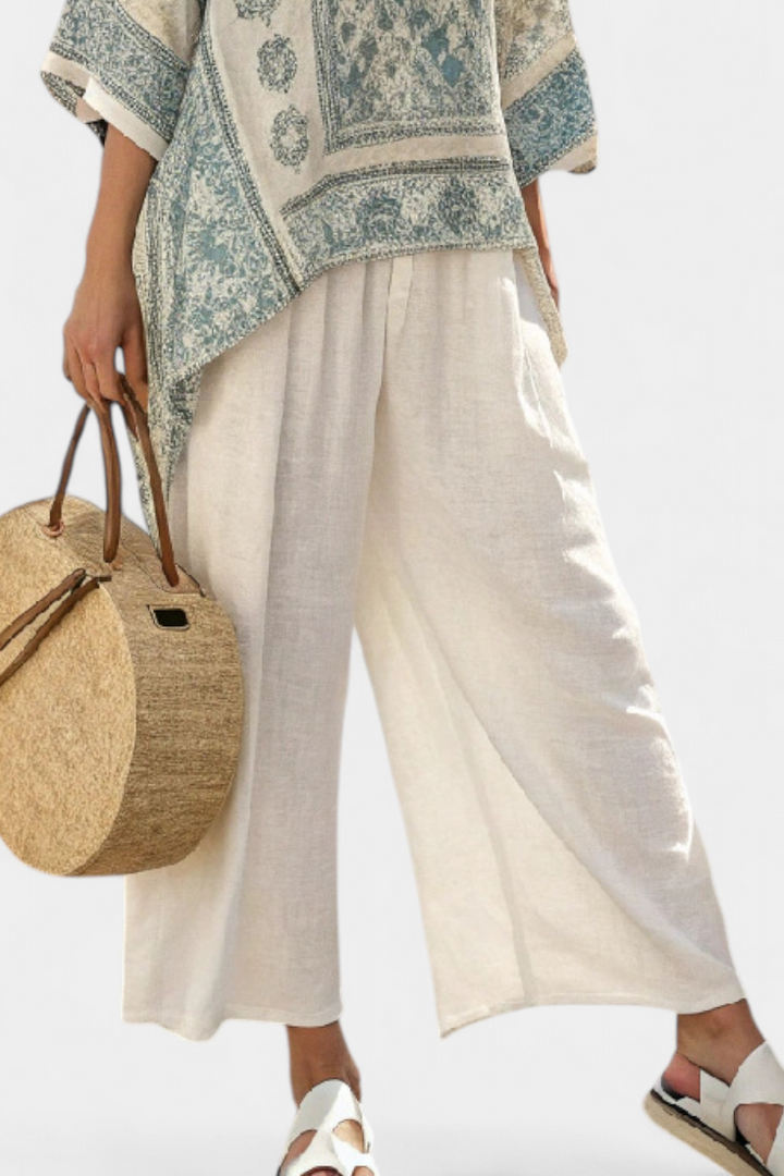 Flor™ | Chemise imprimée confortable et pantalon large blanc