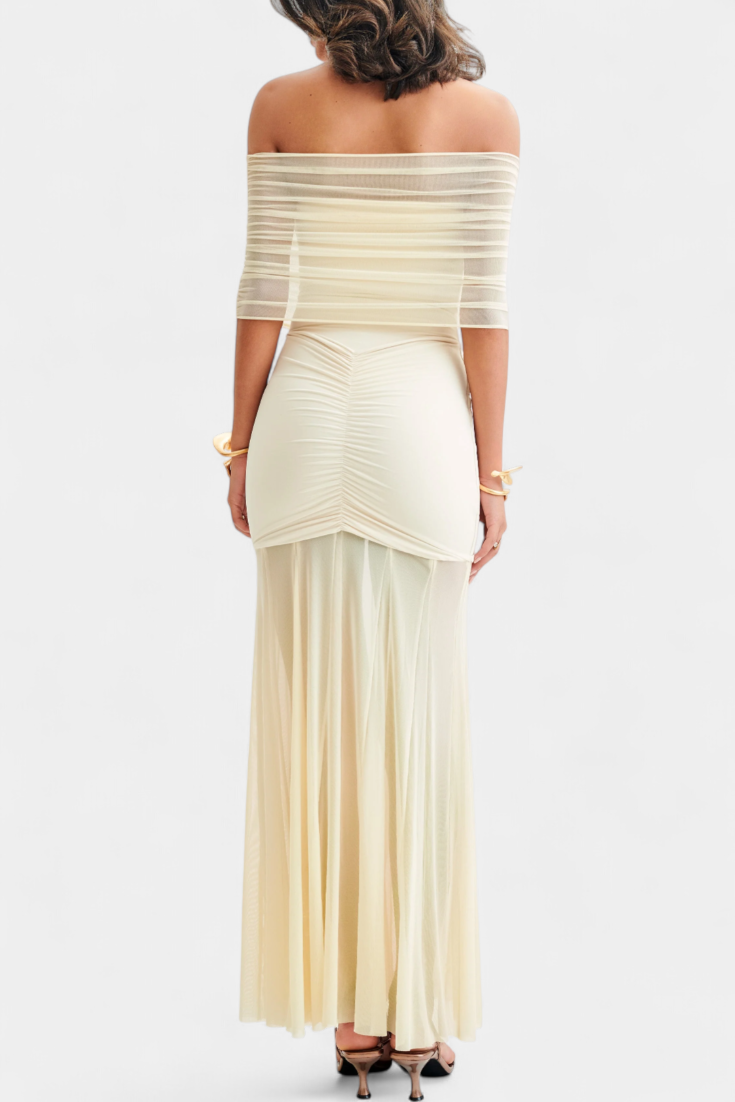 Alodia Shoulder Maxi Dress with Mesh Overlay (Robe longue à épaulement avec superposition de maille)