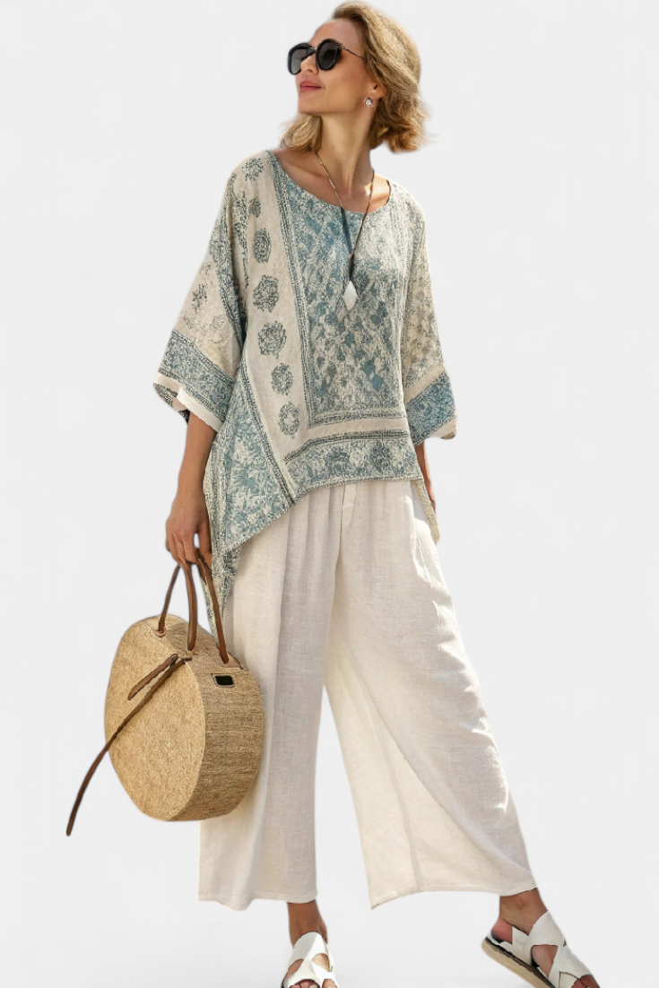 Flor™ | Chemise imprimée confortable et pantalon large blanc
