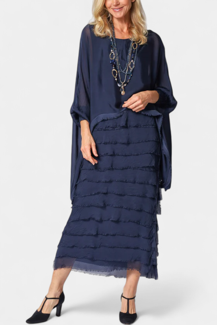 Rosaria - Robe midi à volants et bords frangés