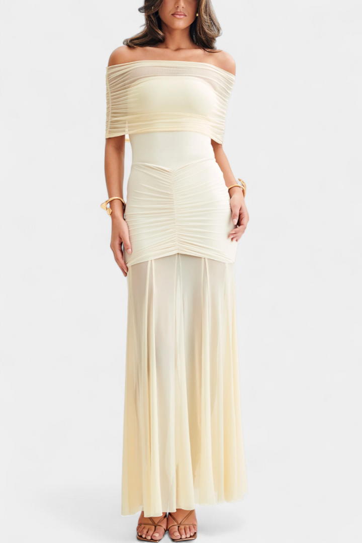 Alodia Shoulder Maxi Dress with Mesh Overlay (Robe longue à épaulement avec superposition de maille)