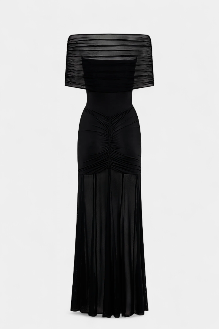 Alodia Shoulder Maxi Dress with Mesh Overlay (Robe longue à épaulement avec superposition de maille)