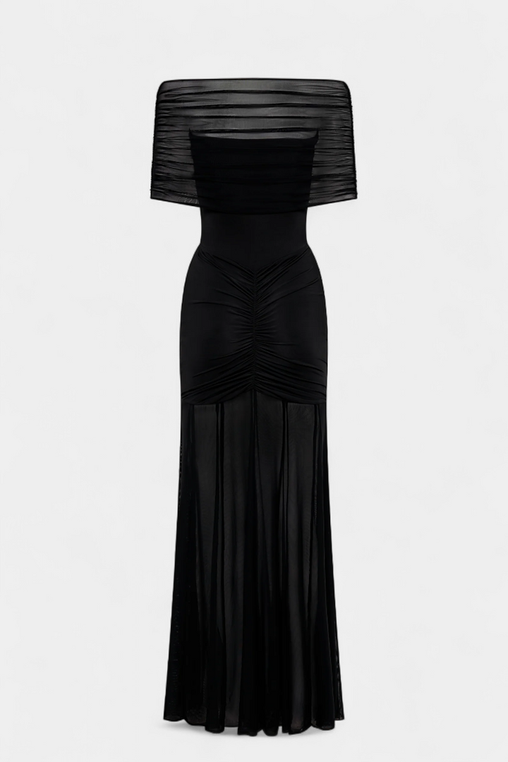 Alodia Shoulder Maxi Dress with Mesh Overlay (Robe longue à épaulement avec superposition de maille)