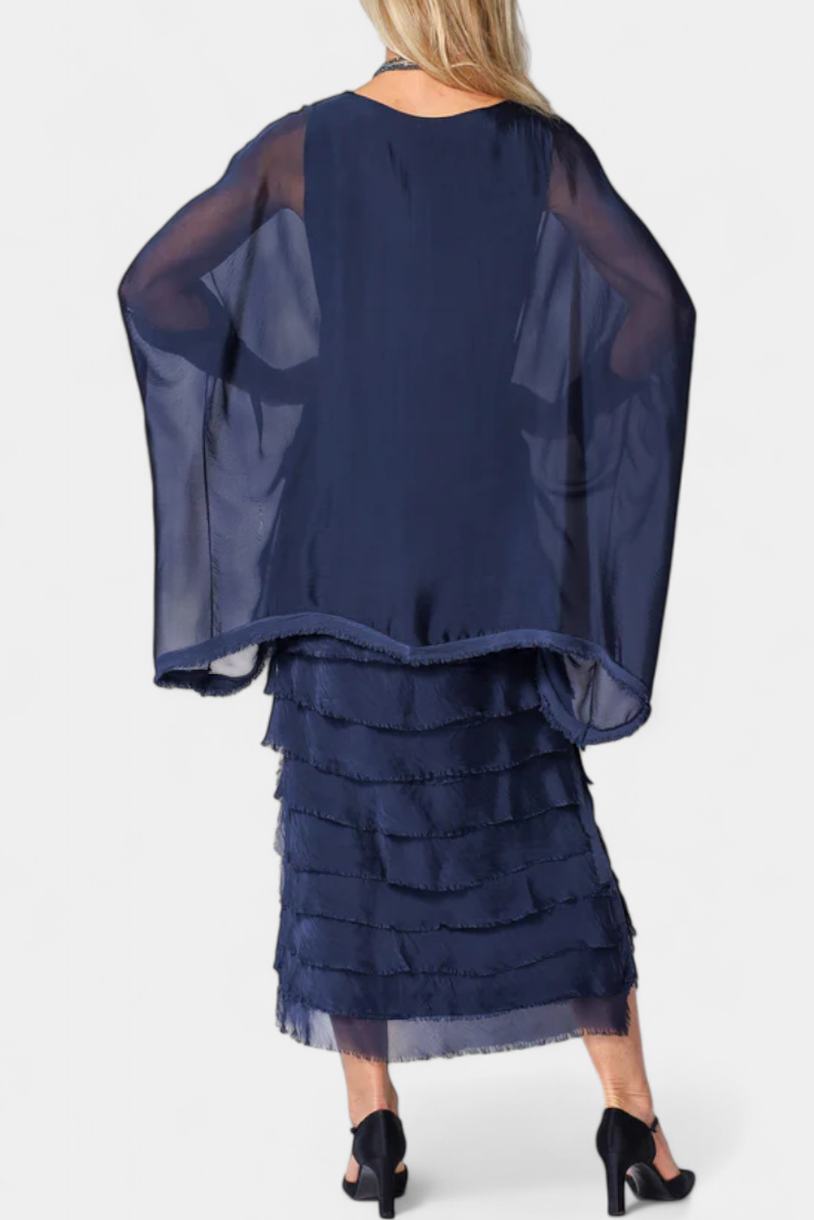 Rosaria - Robe midi à volants et bords frangés
