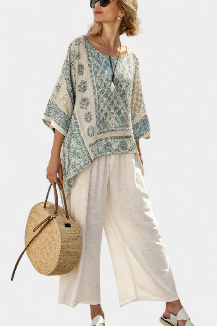 Flor™ | Chemise imprimée confortable et pantalon large blanc