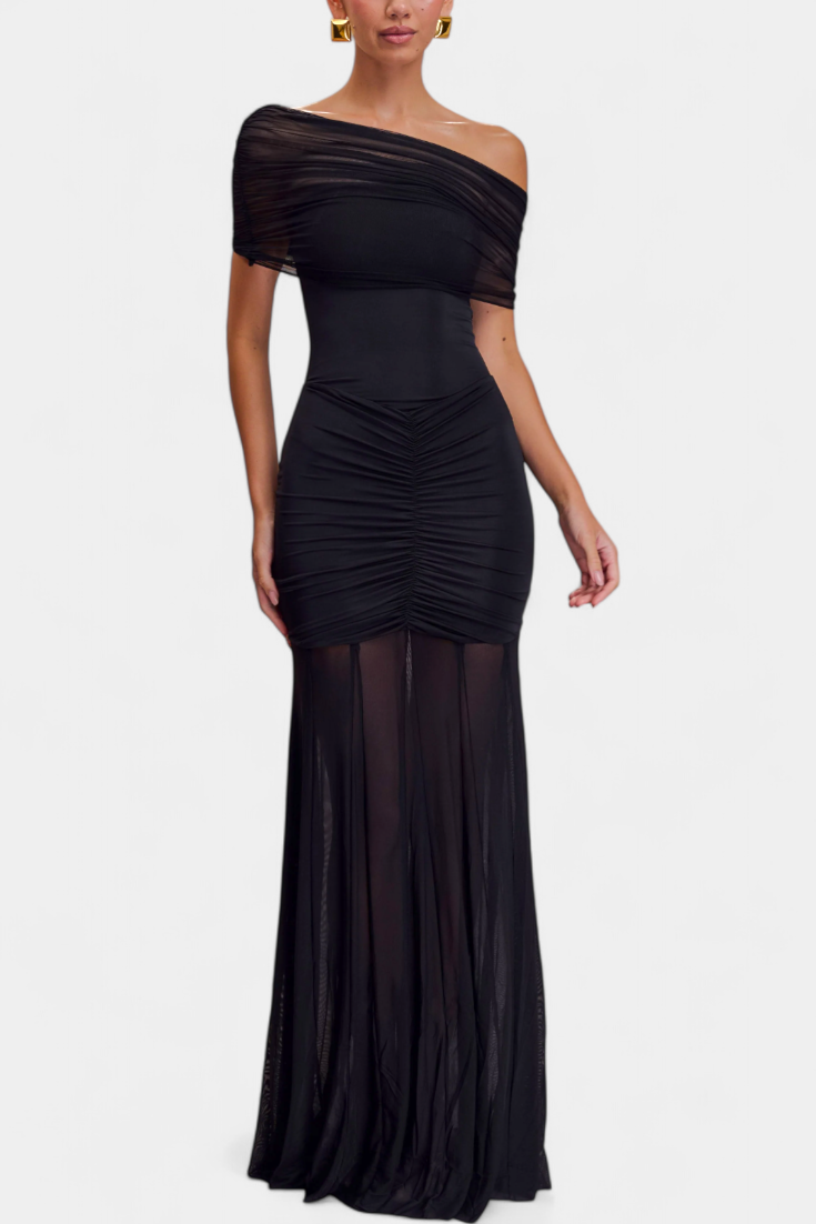 Alodia Shoulder Maxi Dress with Mesh Overlay (Robe longue à épaulement avec superposition de maille)