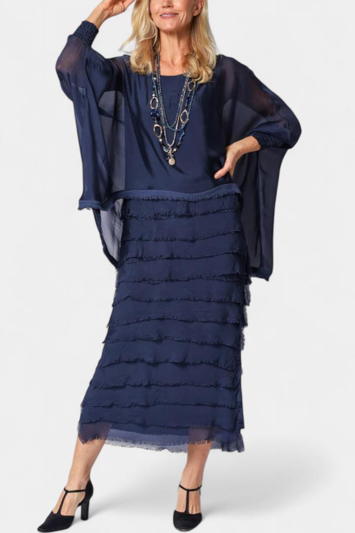 Rosaria - Robe midi à volants et bords frangés