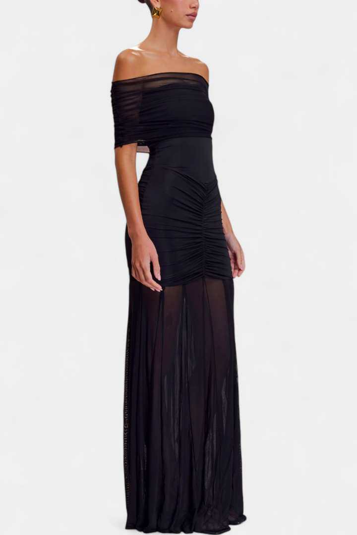 Alodia Shoulder Maxi Dress with Mesh Overlay (Robe longue à épaulement avec superposition de maille)