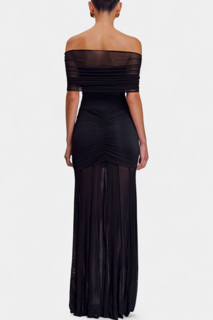 Alodia Shoulder Maxi Dress with Mesh Overlay (Robe longue à épaulement avec superposition de maille)