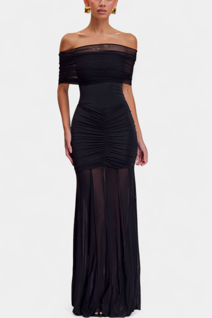 Alodia Shoulder Maxi Dress with Mesh Overlay (Robe longue à épaulement avec superposition de maille)