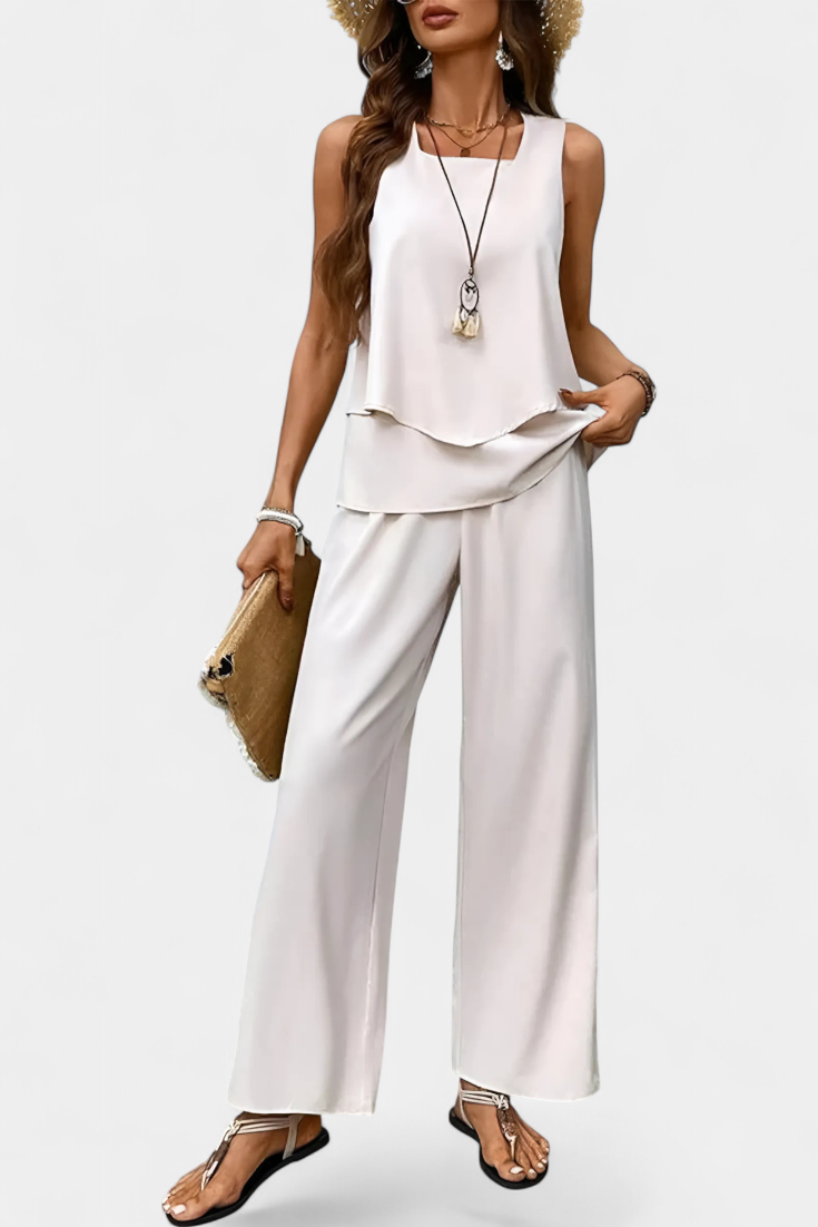 Martina Sleeveless Elegant Boho Set with Printed Straight Trousers (Ensemble boho élégant sans manches avec pantalon droit imprimé)
