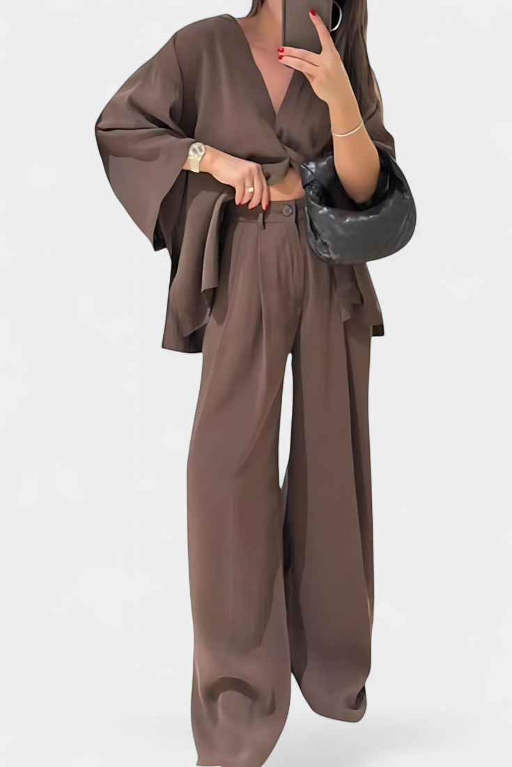 Eli Oversize V-Neck Top with Straight Trousers Set