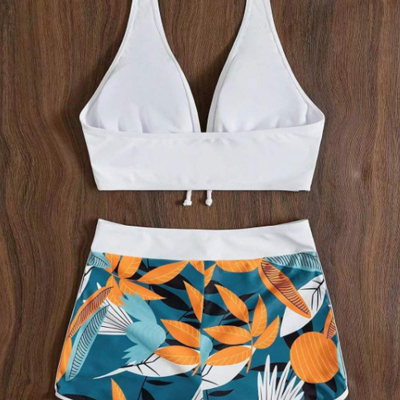 👙 50% DE RÉDUCTION! 🌿 Maillot de Bain Deux Pièces Col Licou Décolleté en V – Motif Feuilles, Détail Croisé &amp; Parfait Pour Un Look Élégant À La Plage 🏖️